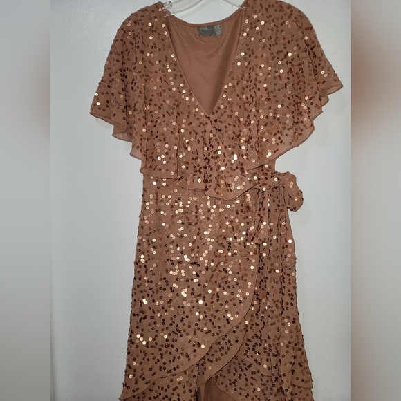 ASOS Design Copper Scatter Sequin Dress Cape Back High Low Hem Size 6 - Picture 5 of 16